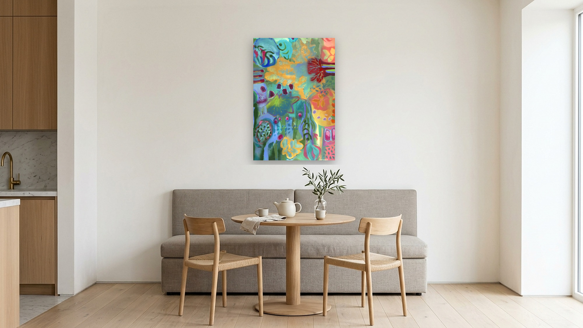 Upstream Thinking by Diane Boone, shown at 28 × 42 in (71.1 × 106.7 cm) as gallery-wrapped canvas, kitchen