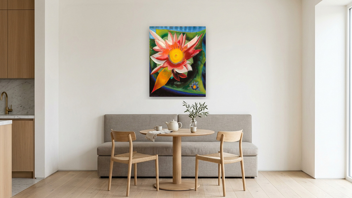 The Water Lily by Joseph Stella, shown at 32 × 40 in (81.3 × 101.6 cm) as gallery-wrapped canvas, kitchen