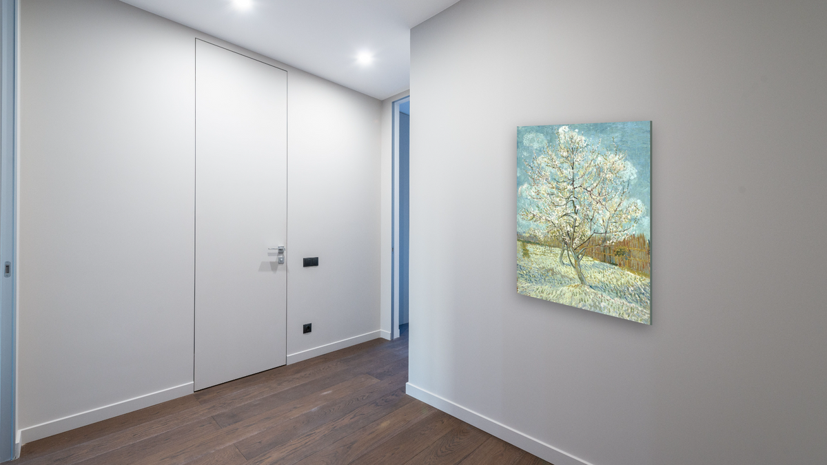 The Pink Peach Tree by Vincent van Gogh, shown at 30 × 40 in (76.2 × 101.6 cm) as gallery-wrapped canvas, hallway