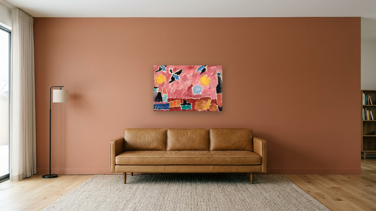 Still Life with Bottle, Bread and red Wallpaper with Swallows by Alexei Jawlensky, shown at 28 × 42 in (71.1 × 106.7 cm) as gallery-wrapped canvas, media room