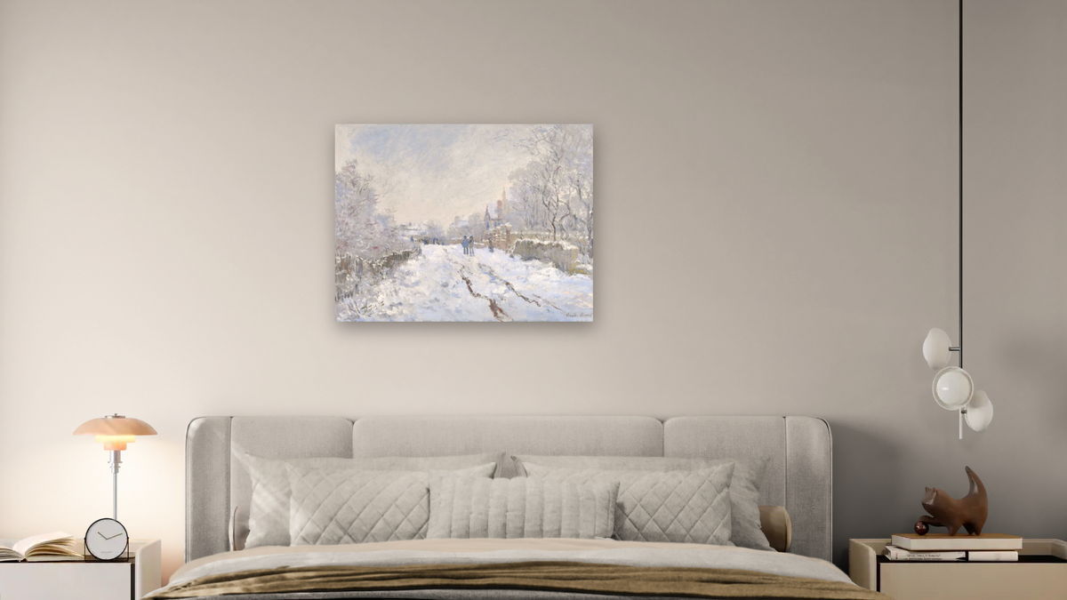 Snow Scene at Argenteuil by Claude Monet, shown at 32 × 40 in (81.3 × 101.6 cm) as gallery-wrapped canvas, bedroom