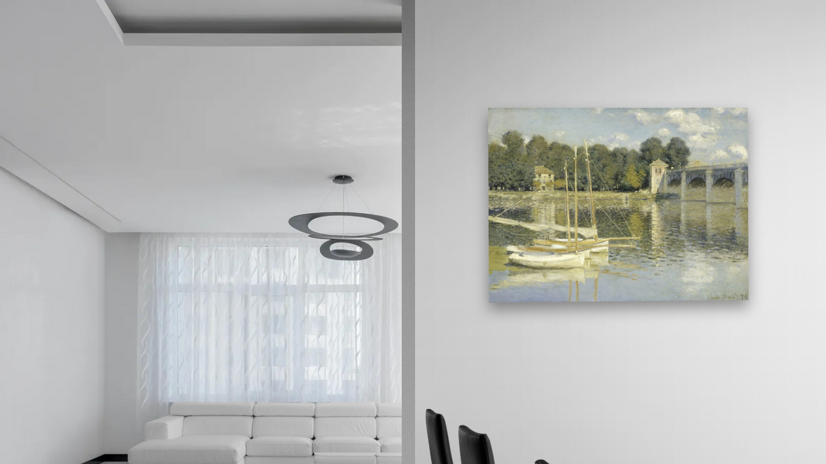 The Argenteuil Bridge by Claude Monet, shown at 30 × 40 in (76.2 × 101.6 cm) as gallery-wrapped canvas, dining