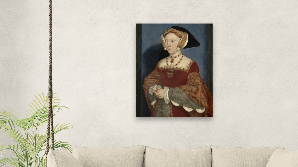 Jane Seymour (1509-1537) by Hans Holbein the Younger, shown at 30 × 40 in (76.2 × 101.6 cm) as gallery-wrapped canvas, living