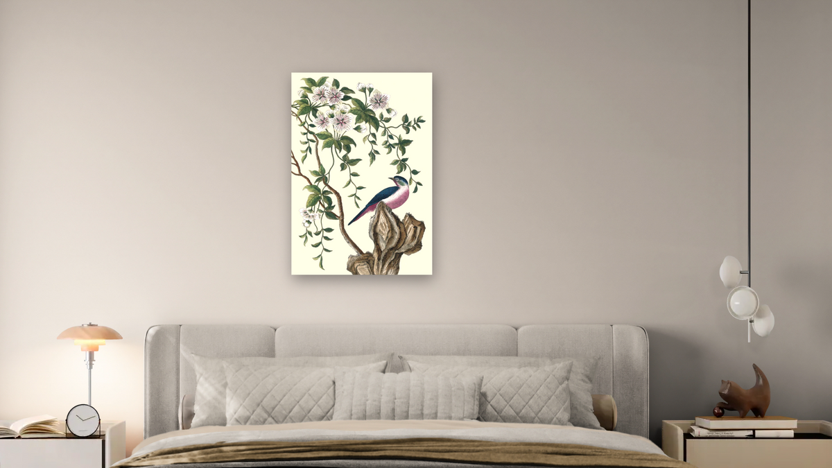 Purple bellied blue winged bird with purple flowering vine by Pierre Joseph Buchoz, shown at 28 × 42 in (71.1 × 106.7 cm) as gallery-wrapped canvas, bedroom