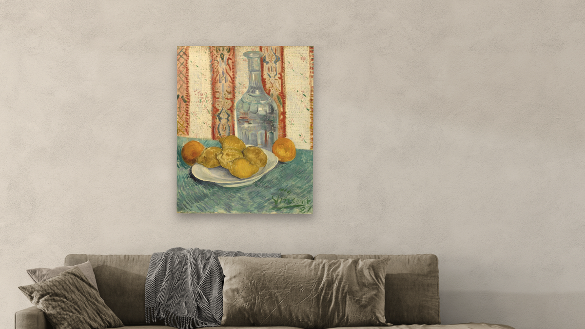 Carafe and Dish with Citrus Fruit by Vincent van Gogh, shown at 32 × 40 in (81.3 × 101.6 cm) as gallery-wrapped canvas, living