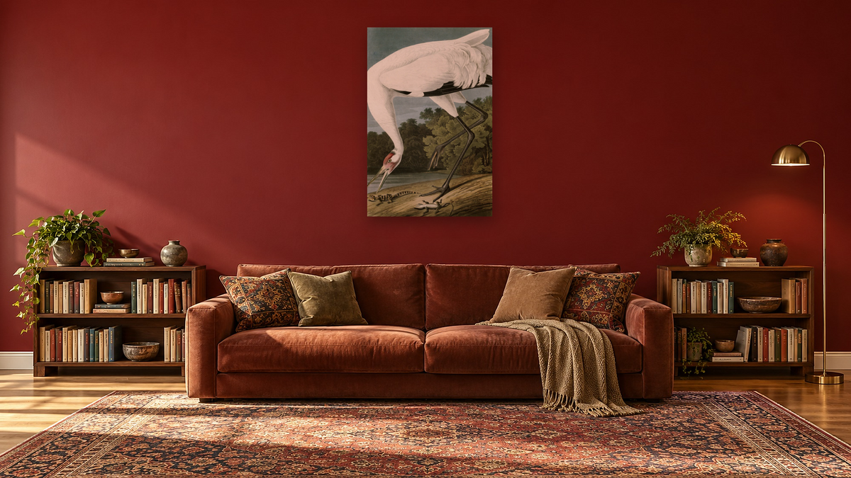 Hooping Crane by John James Audubon, shown at 28 × 42 in (71.1 × 106.7 cm) as gallery-wrapped canvas, library