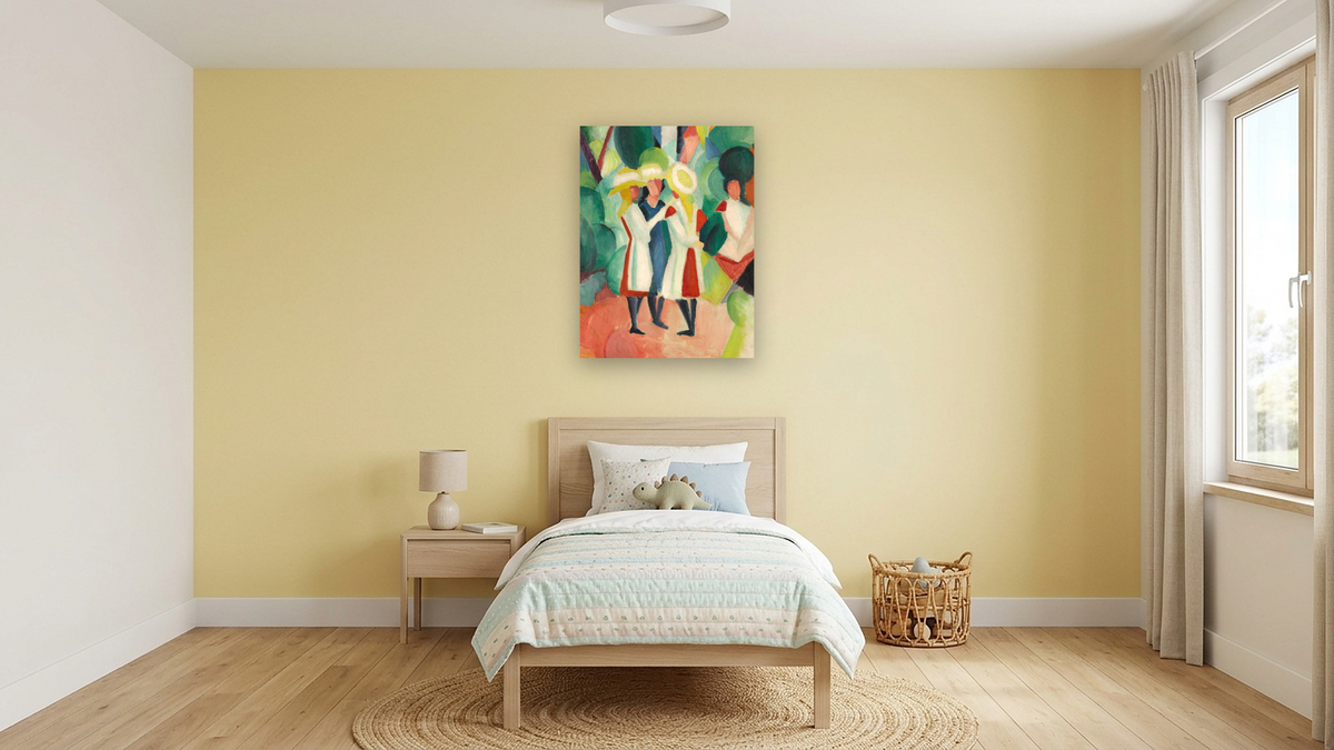 Three Girls in Yellow Straw Hats by August Macke, shown at 30 × 40 in (76.2 × 101.6 cm) as gallery-wrapped canvas, kids' room