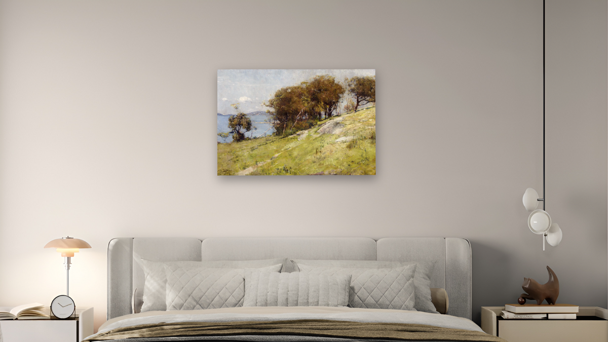 Cremorne pastoral by Arthur Streeton, shown at 28 × 42 in (71.1 × 106.7 cm) as gallery-wrapped canvas, bedroom