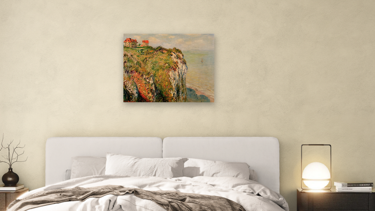 Cliff at Dieppe by Claude Monet, shown at 32 × 40 in (81.3 × 101.6 cm) as gallery-wrapped canvas, bedroom
