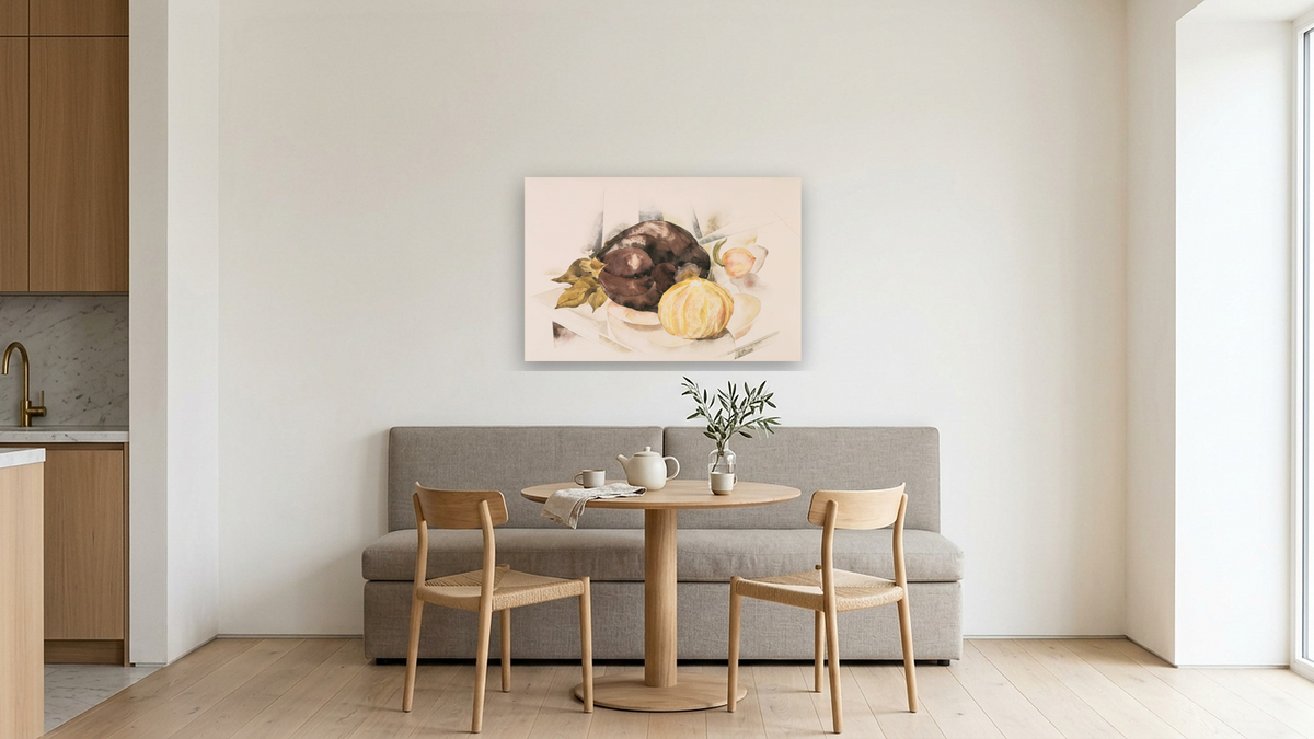 Eggplant by Charles Demuth, shown at 28 × 42 in (71.1 × 106.7 cm) as gallery-wrapped canvas, kitchen