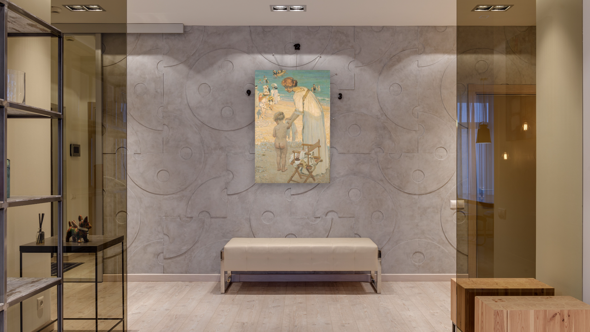 Bathing hour (L'heure du bain) by E. Phillips Fox, shown at 28 × 42 in (71.1 × 106.7 cm) as gallery-wrapped canvas, hallway
