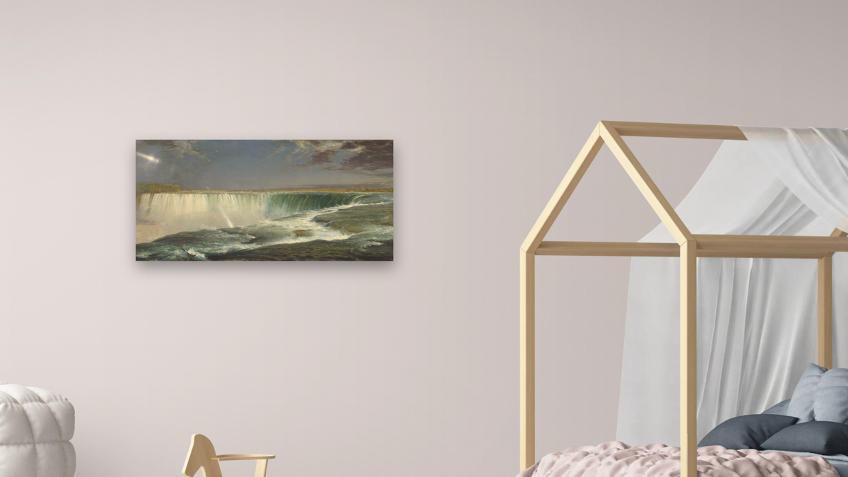 Niagara by Frederic Edwin Church, shown at 20 × 40 in (50.8 × 101.6 cm) as gallery-wrapped canvas, bedroom