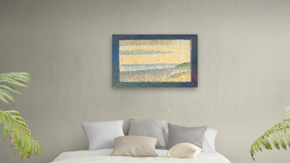 Seascape (Gravelines) by Georges Seurat, shown at 28 × 42 in (71.1 × 106.7 cm) as gallery-wrapped canvas, bedroom