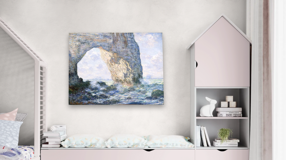 The Manneporte (Etretat) by Claude Monet, shown at 32 × 40 in (81.3 × 101.6 cm) as gallery-wrapped canvas, bedroom