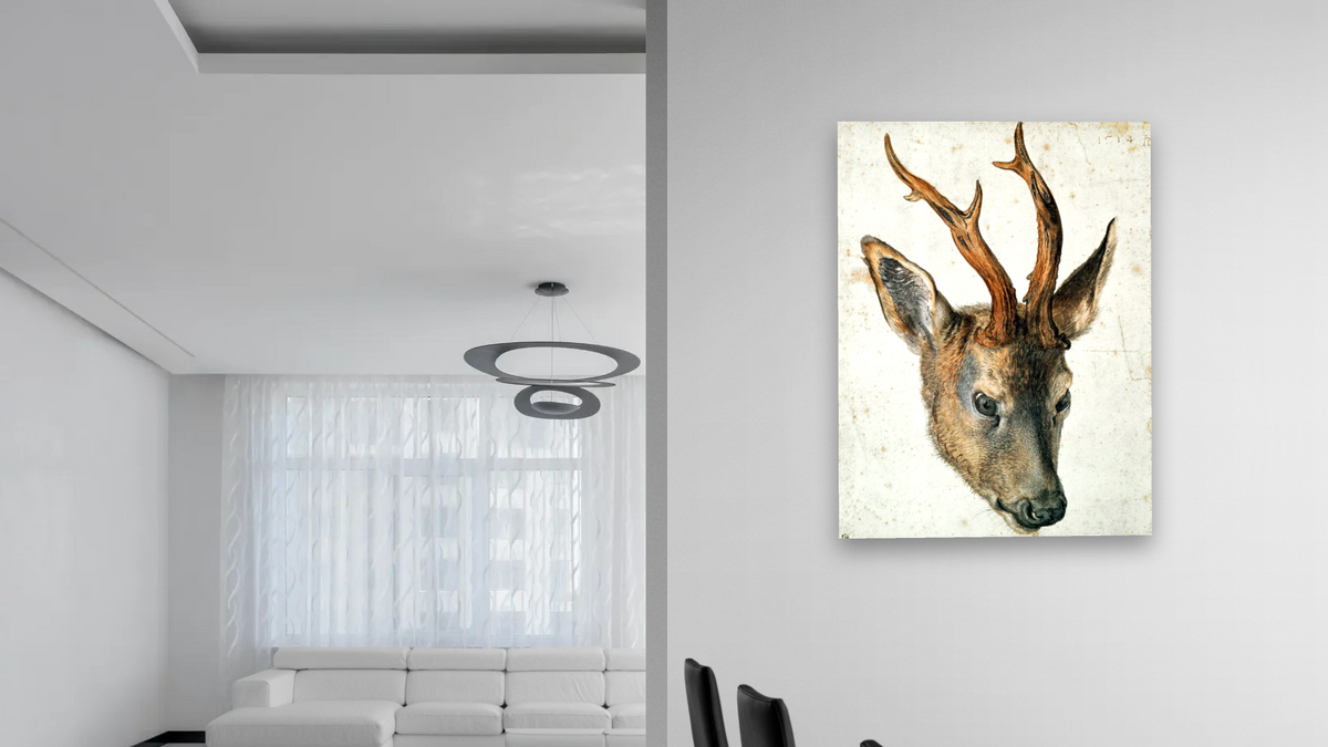Head of a Roe Deer by Albrecht Dürer, shown at 30 × 40 in (76.2 × 101.6 cm) as gallery-wrapped canvas, dining