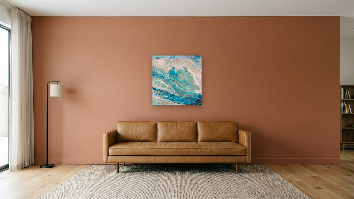 Ocean Wave 2 by Marcie Ojeda, shown at 32 × 32 in (81.3 × 81.3 cm) as gallery-wrapped canvas, media room