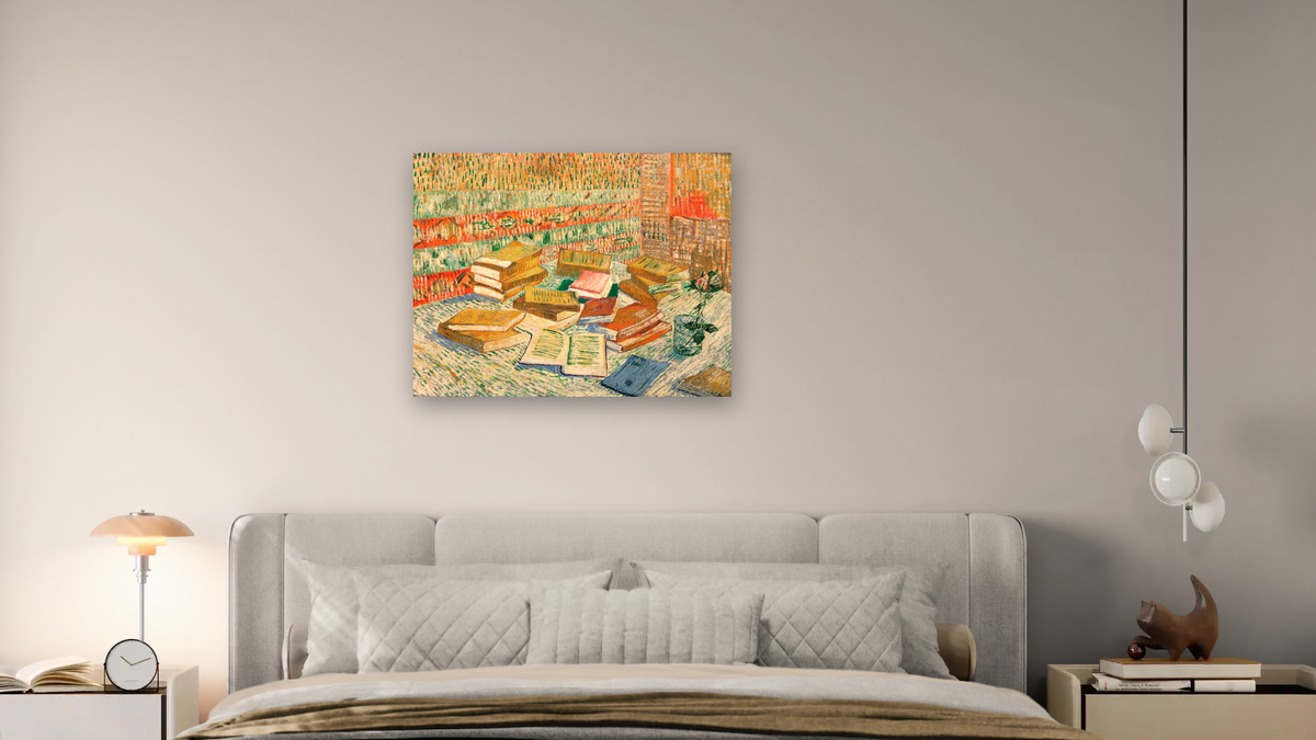 The Yellow Books by Vincent van Gogh, shown at 32 × 40 in (81.3 × 101.6 cm) as gallery-wrapped canvas, bedroom