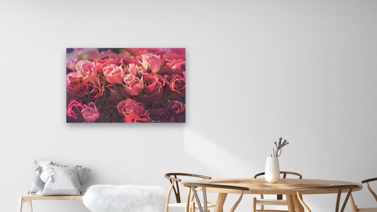 Pink Roses by Kirsten Söderlind, shown at 28 × 42 in (71.1 × 106.7 cm) as gallery-wrapped canvas, dining