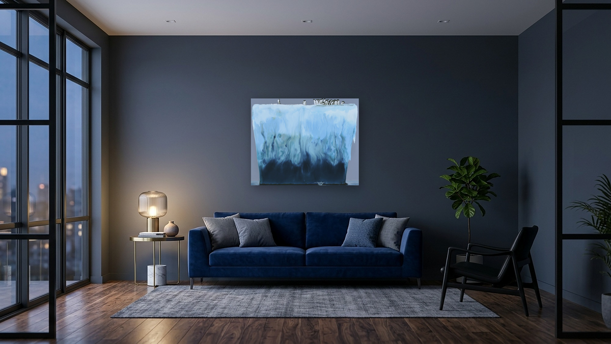Adelies by Alexis Rockman, shown at 32 × 40 in (81.3 × 101.6 cm) as gallery-wrapped canvas, den