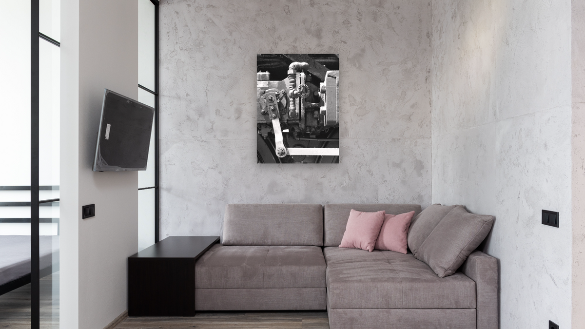 Mechanical Lubricator, AT&SF #3751 from the Railroad Series by Gordon Osmundson, shown at 30 × 40 in (76.2 × 101.6 cm) as gallery-wrapped canvas, media room