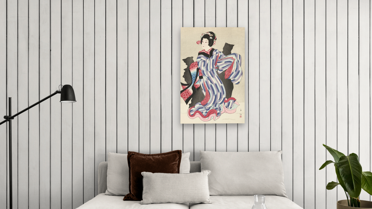 The Actor Nakamura Jakuemon III as Oshichi by Natori Shunsen, shown at 28 × 42 in (71.1 × 106.7 cm) as gallery-wrapped canvas, living