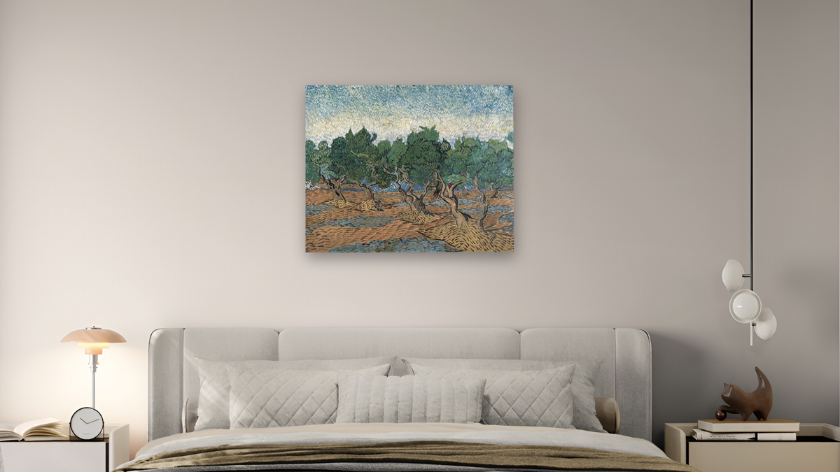 Olive grove by Vincent van Gogh, shown at 32 × 40 in (81.3 × 101.6 cm) as gallery-wrapped canvas, bedroom