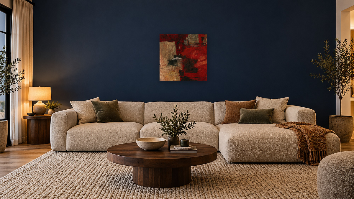 No. 374 by Michelle Oppenheimer, shown at 32 × 32 in (81.3 × 81.3 cm) as gallery-wrapped canvas, media room
