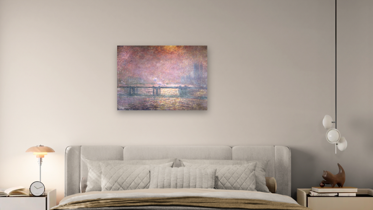 The Thames at Charing Cross by Claude Monet, shown at 30 × 40 in (76.2 × 101.6 cm) as gallery-wrapped canvas, bedroom