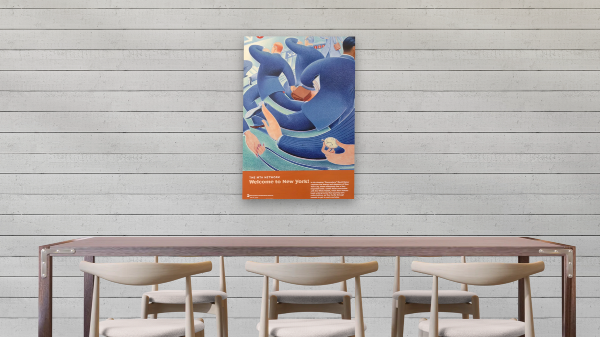 Welcome to New York, shown at 28 × 42 in (71.1 × 106.7 cm) as gallery-wrapped canvas, dining