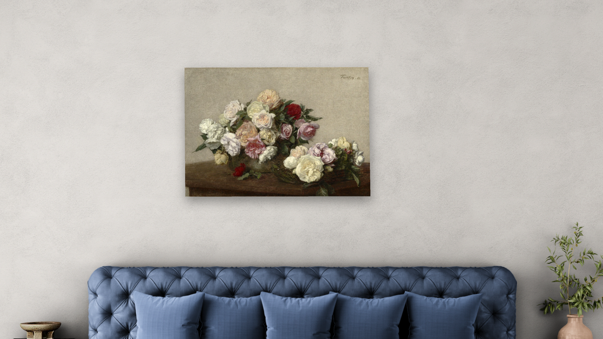 Roses in a Bowl and Dish, 1885 by Henri Fantin-Latour, shown at 30 × 40 in (76.2 × 101.6 cm) as gallery-wrapped canvas, bedroom