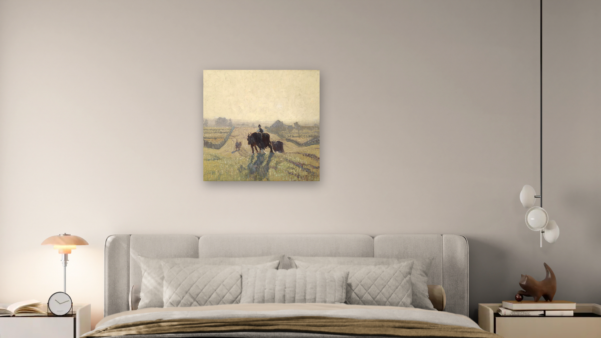 Frosty sunrise by Elioth Gruner, shown at 32 × 32 in (81.3 × 81.3 cm) as gallery-wrapped canvas, bedroom