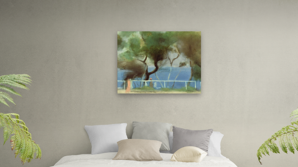 The Blue Sea, Beaumaris by Clarice Beckett, shown at 32 × 40 in (81.3 × 101.6 cm) as gallery-wrapped canvas, bedroom