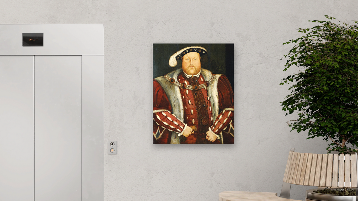 Portrait of King Henry VIII by Hans Holbein the Younger, shown at 32 × 40 in (81.3 × 101.6 cm) as gallery-wrapped canvas, office