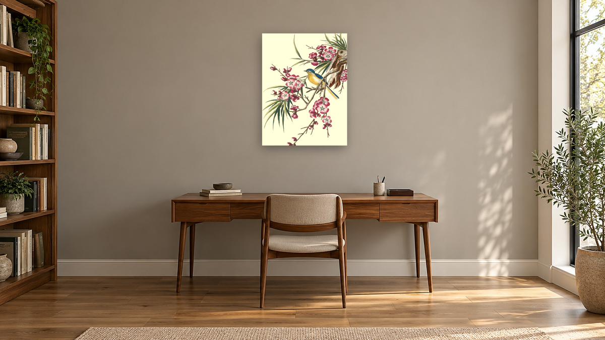 Flowering cherry with blue winged yellow bird by Pierre Joseph Buchoz, shown at 30 × 40 in (76.2 × 101.6 cm) as gallery-wrapped canvas, library