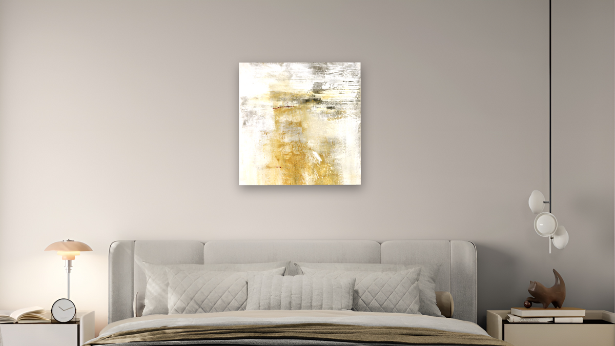 No. 225 by Michelle Oppenheimer, shown at 32 × 32 in (81.3 × 81.3 cm) as gallery-wrapped canvas, bedroom