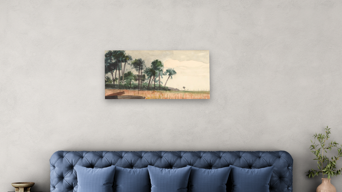 Palm Trees, Red by Winslow Homer, shown at 20 × 40 in (50.8 × 101.6 cm) as gallery-wrapped canvas, bedroom