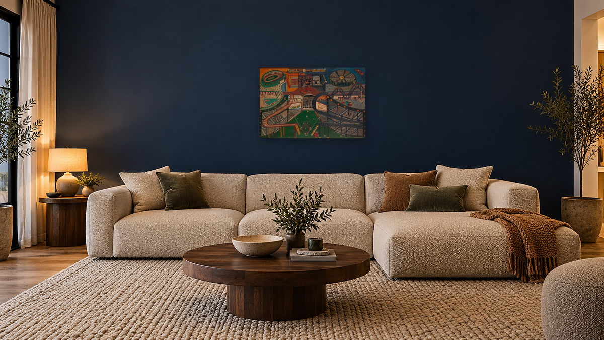 Sports Panorama by Ralph Fasanella, shown at 28 × 42 in (71.1 × 106.7 cm) as gallery-wrapped canvas, media room