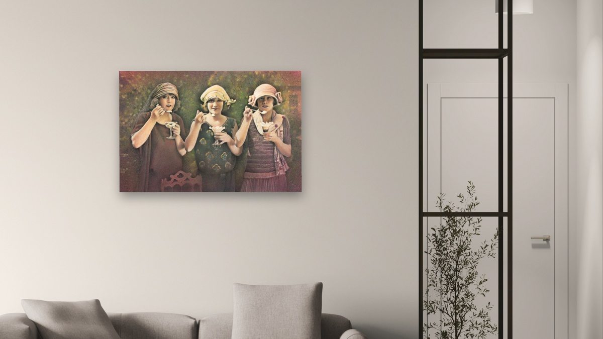 Ice Cream Ladies by Kirsten Söderlind, shown at 28 × 42 in (71.1 × 106.7 cm) as gallery-wrapped canvas, living