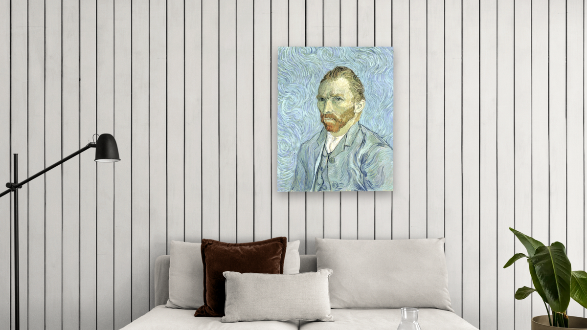 Self portrait by Vincent van Gogh, shown at 32 × 40 in (81.3 × 101.6 cm) as gallery-wrapped canvas, living