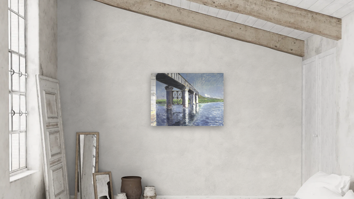 The Seine and the Railroad Bridge at Argenteuil (La Seine et le pont du chemin de fer dArgenteuil) by Gustave Caillebotte, shown at 30 × 40 in (76.2 × 101.6 cm) as gallery-wrapped canvas, bedroom