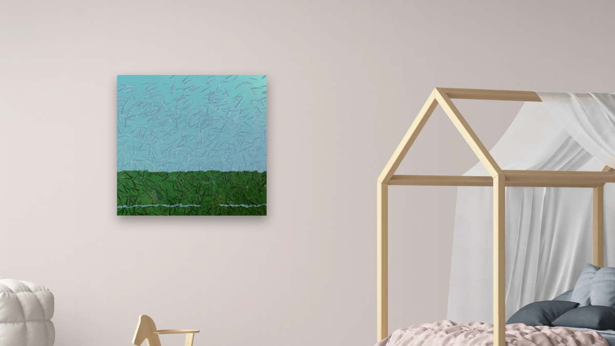 Release by Judith Rayl, shown at 32 × 32 in (81.3 × 81.3 cm) as gallery-wrapped canvas, bedroom