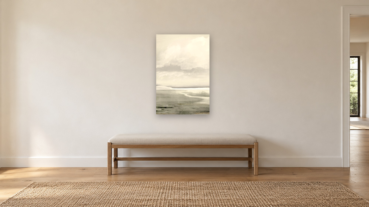 Lakes 1 by Dan Hobday, shown at 28 × 42 in (71.1 × 106.7 cm) as gallery-wrapped canvas, hallway