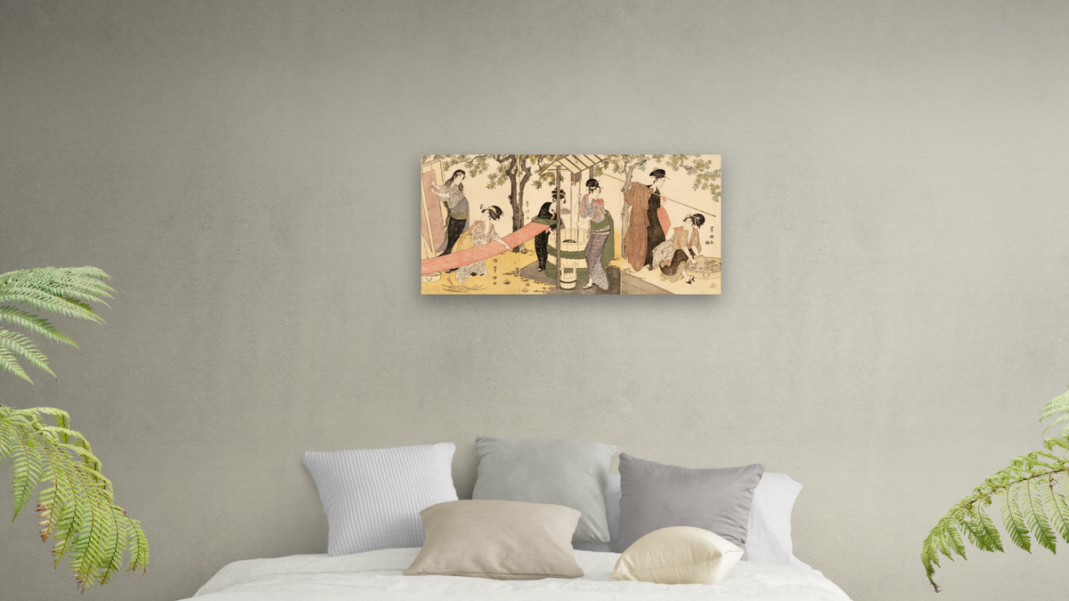 Doing the Laundry by the Well Curb by Utagawa Toyokuni, shown at 20 × 40 in (50.8 × 101.6 cm) as gallery-wrapped canvas, bedroom
