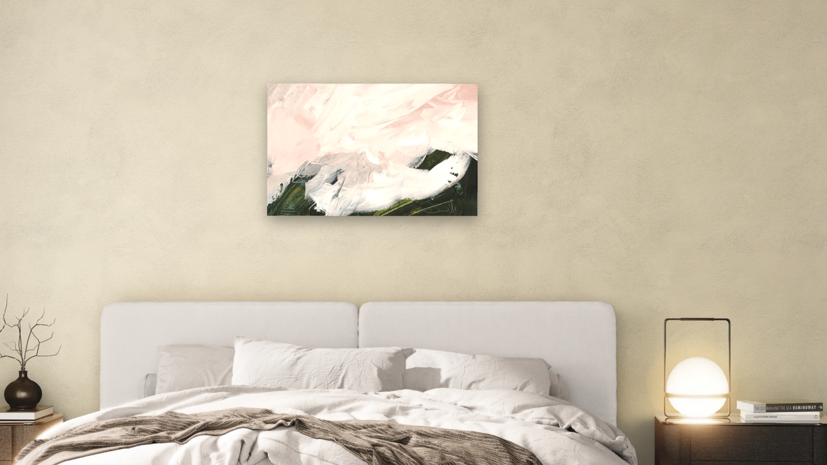 Blush Lush by Dan Hobday, shown at 28 × 42 in (71.1 × 106.7 cm) as gallery-wrapped canvas, bedroom