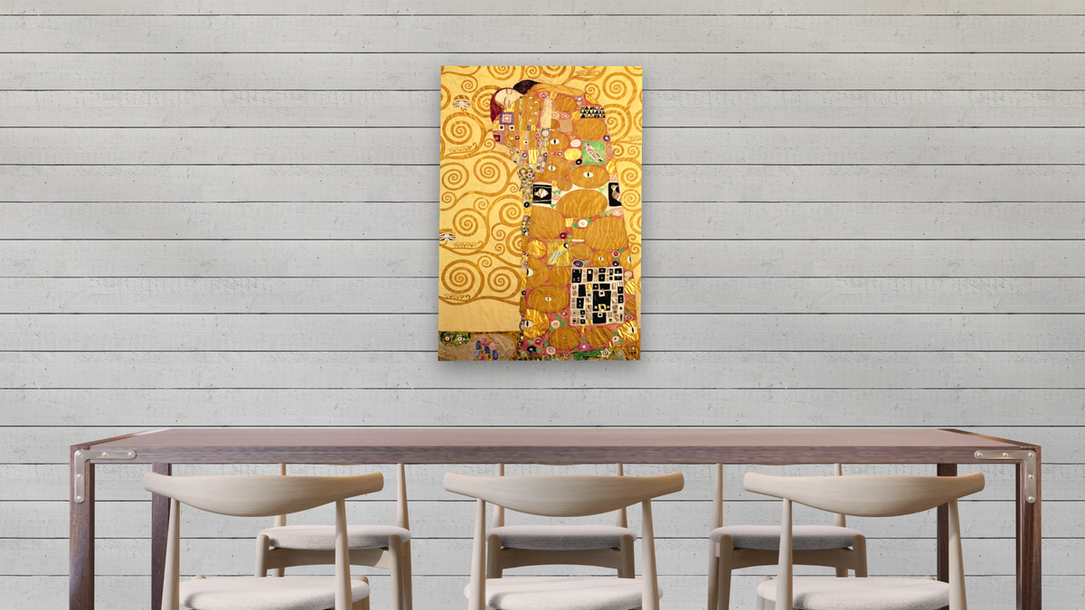 Fulfilment (Stoclet Frieze) by Gustav Klimt, shown at 28 × 42 in (71.1 × 106.7 cm) as gallery-wrapped canvas, dining