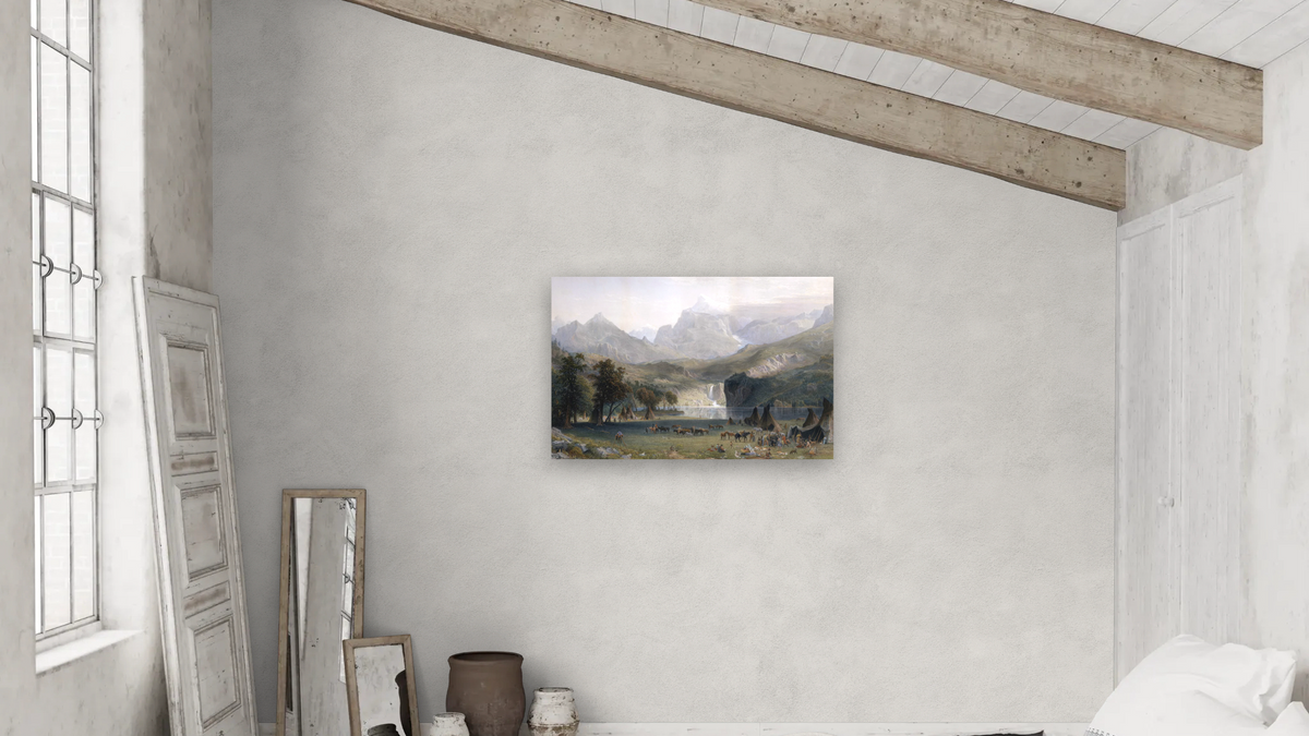 The Rocky Mountains, Lander's Peak by Albert Bierstadt, shown at 28 × 42 in (71.1 × 106.7 cm) as gallery-wrapped canvas, bedroom