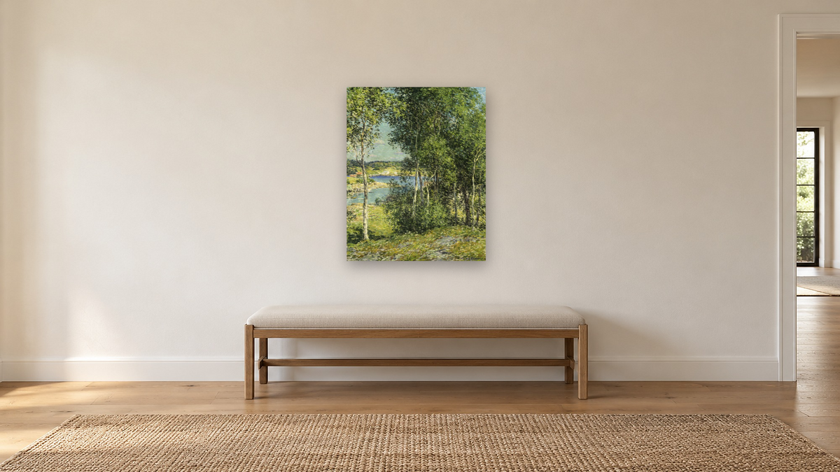 A Family of Birches by Willard LeRoy Metcalf, shown at 32 × 40 in (81.3 × 101.6 cm) as gallery-wrapped canvas, hallway