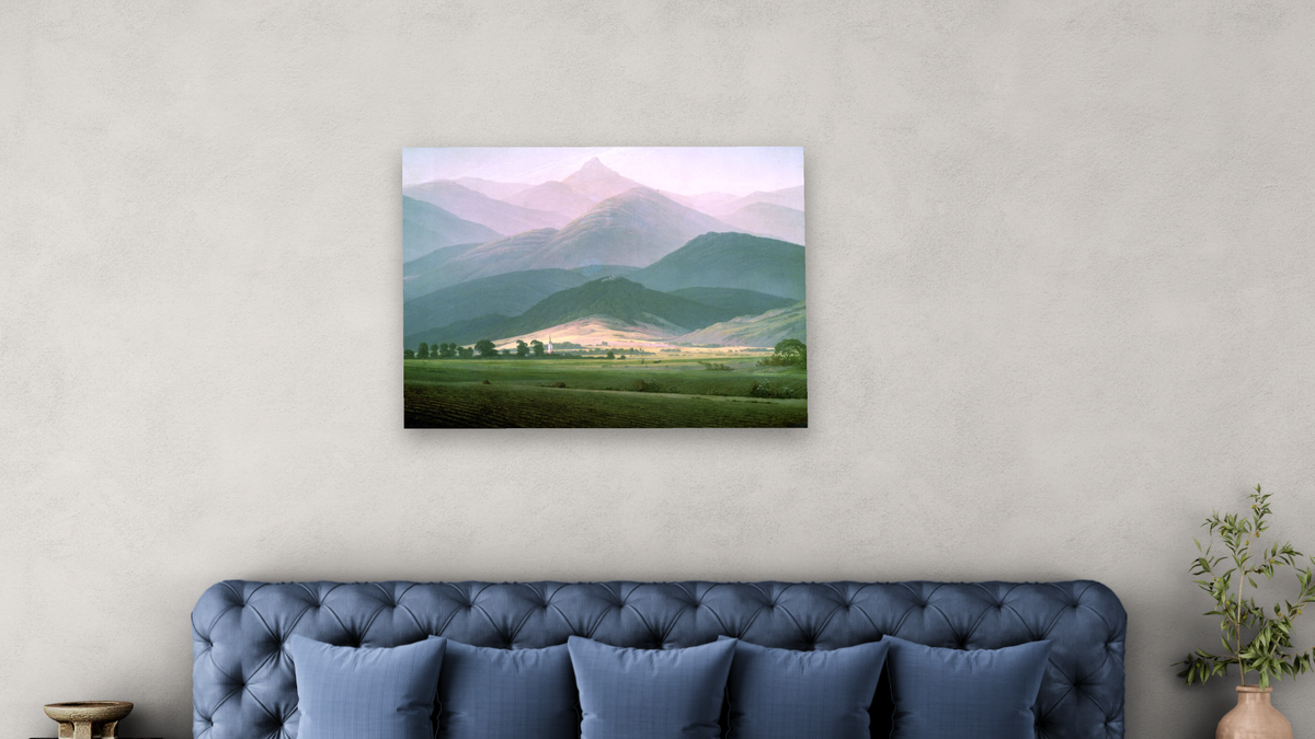 Landscape in the Riesengebirge by Caspar David Friedrich, shown at 30 × 40 in (76.2 × 101.6 cm) as gallery-wrapped canvas, bedroom