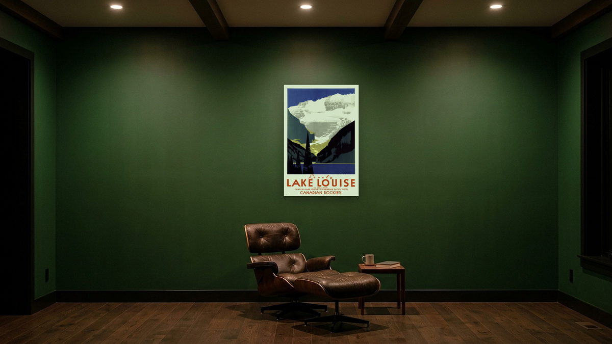BPL Travel Posters, shown at 28 × 42 in (71.1 × 106.7 cm) as gallery-wrapped canvas, den