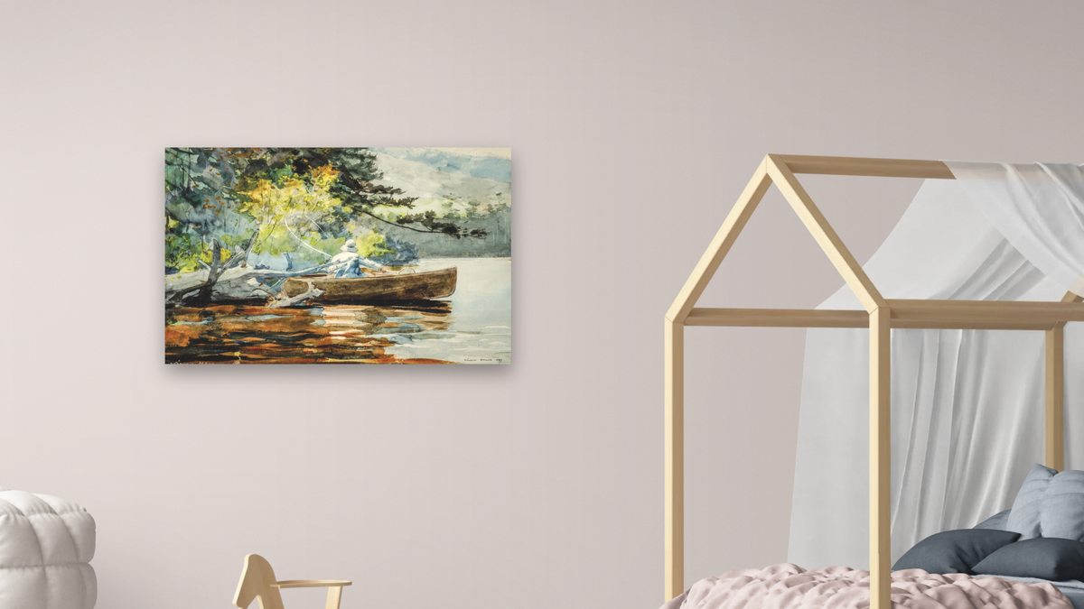 A Good One, Adirondacks by Winslow Homer, shown at 28 × 42 in (71.1 × 106.7 cm) as gallery-wrapped canvas, bedroom